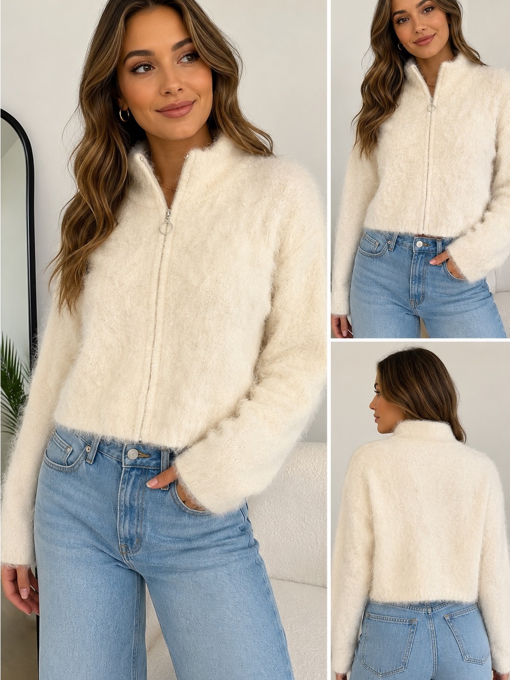 wild fable Cream Fuzzy Zip-Up Sweater